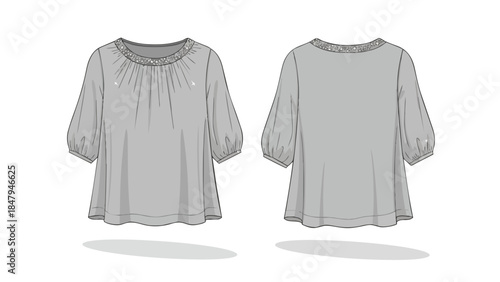 Fashion illustration flat sketch of a women's gray gathered neckline blouse with puffy sleeves and decorative collar detail presented front and back