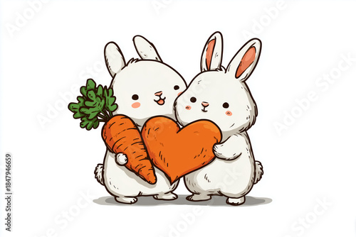 Bunny couple joyfully sharing a carrot shaped like a heart