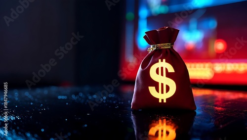 Glowing Money Bag with Currency Symbol on Dark Neon Financial Market Background