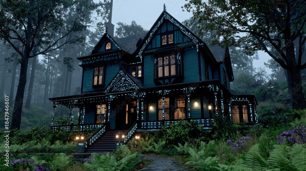 Naklejka premium Victorian Mansion in a Forest at Dusk.