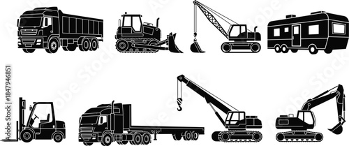 Construction and transport vehicle silhouette illustration set featuring trucks, bulldozer, cranes and excavator, heavy machinery icons for industrial vector design