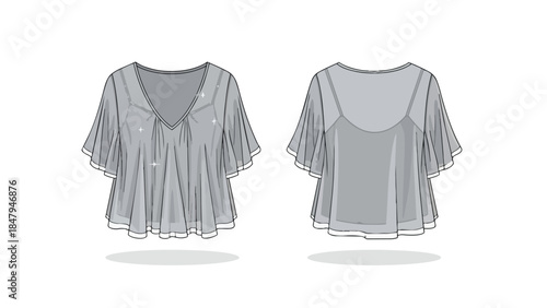 A detailed fashion illustration showcasing a stylish gray top with delicate detailing and flowing sleeves, viewed from front and back