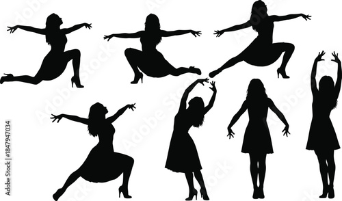 Set of female dancer silhouettes, vector illustration of women in dresses and high heels performing elegant dance moves isolated on white background.