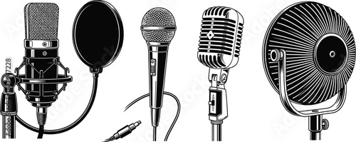 Detailed microphone illustration set featuring studio, vintage, dynamic, parabolic and recording equipment icons in professional black and white vector style