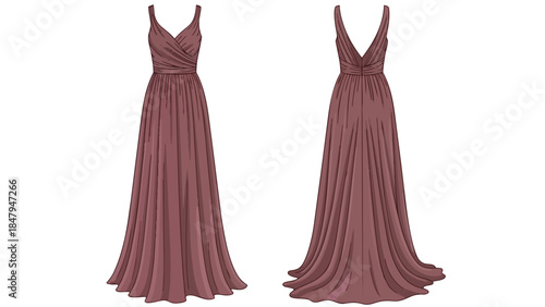 Elegant Dusty Rose Full-Length V-Neck Wrap Gown Fashion Illustration Front and Back View