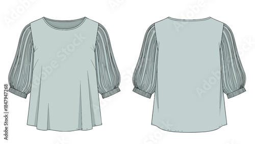Fashion flat sketch of a light blue top with puffed sleeves detailed with vertical pleats showcasing front and back views