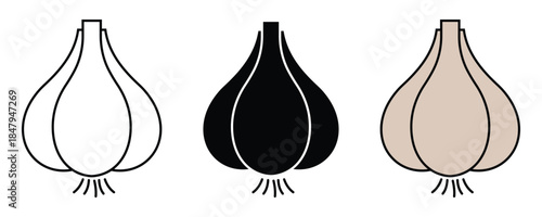 Garlic Clove and Bulb Set, Black and White Food Icons, Simple Vector Design.