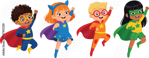 Cute superhero kids flying illustration in colorful costumes, playful cartoon vector characters showing imagination, bravery, teamwork, empowerment, and childhood creativity