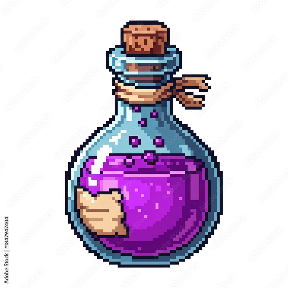Naklejka premium Retro pixel art mysterious purple potion icon