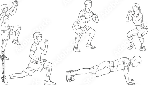 Set of fitness workout exercises, man and woman doing squats push ups and lunges, vector line art illustration isolated on white background