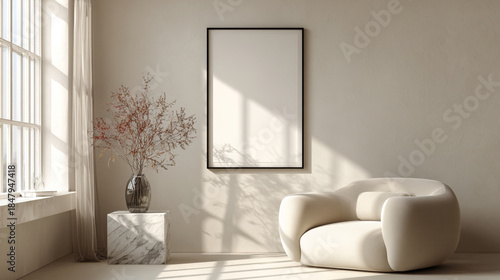 Scandinavian interior background with an empty picture frame hanging above a modern curved couch and marble table in bright natural light