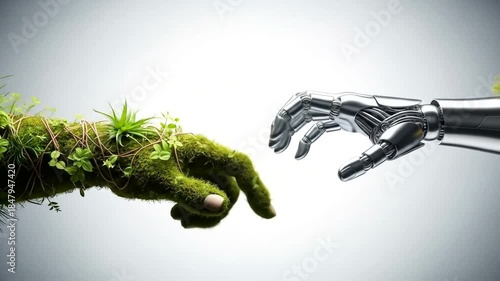 A robotic hand reaches out to touch a hand covered in moss and plants, symbolizing nature and technology merging