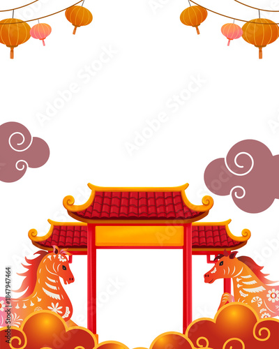 PNG image of Vibrant chinese new year frame design featuring traditional archway lanterns and stylized horses perfect for lunar celebration graphics on transparent background