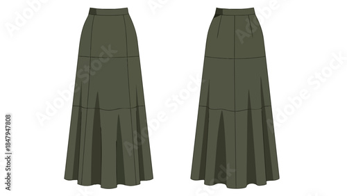 Elegant Flared Maxi Skirt Design with Pleated Details Presenting Both Front and Back Views for Fashion Illustration
