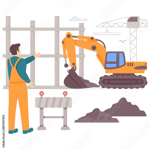 Excavation Work During Building Development concept, Earth moving and Structural Framework in Progress vector design, construction workers banner, Skilled labor scene, Civil Engineering Works stock il