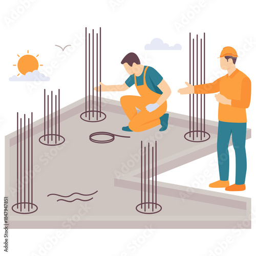 Reinforced Concrete Foundation Preparation concept, Installing Rebar for Structural Strength vector design, construction workers banner, Skilled labor scene, Civil Engineering Works stock illustration