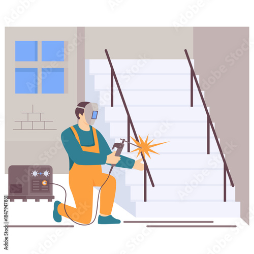 Welding Staircase Railings concept, Craftsmanship and Safety vector design, construction workers banner, Skilled labor scene, Civil Engineering Works stock illustration