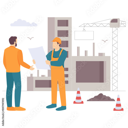 Engineers Discussing Building Plans concept, Project Supervision on Site vector design, construction workers banner, Skilled labor scene, Civil Engineering Works stock illustration