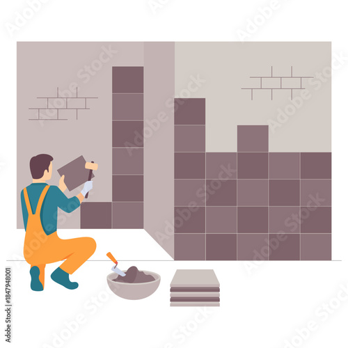 Tiler installing wall tiles indoors concept, Craftsman Installing Tile vector design, construction workers banner, Skilled labor scene, Civil Engineering Works stock illustration