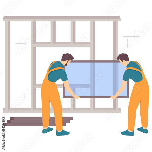 Installing the Window Frame concept, Precision Glass panels Installation vector design, construction workers banner, Skilled labor scene, Civil Engineering Works stock illustration