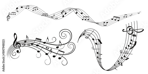 Musical notes and symbols for melody, rhythm and composition. Clef, sharp, flat, rest dynamics, accidentals sound hand drawn design musical elements. Vector sketch isolated.