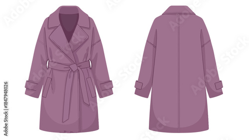 Elegant Lavender Trench Coat Design Front and Back View with Belt and Cuffs Stylish Outerwear Illustration