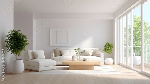 Spacious sunlit contemporary living area featuring a comfortable white sofa minimalist decor and expansive glass doors that open to a lush green outdoor space perfect for relaxation