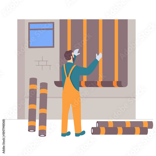 renovation worker installing vertical insulation concept, vector design, construction workers banner, Skilled labor scene, Civil Engineering Works stock illustration
