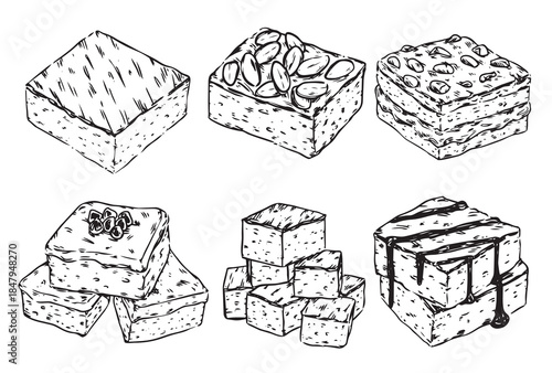Set of various chocolate brownie with almond chocolate chips and sauce outline drawing illustration