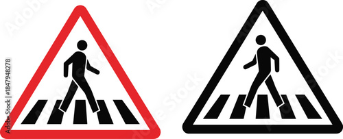 Set of European style road signs for pedestrian crossing or crosswalk, featuring a walking man silhouette and zebra stripes in red and black warning triangles, vector illustration.