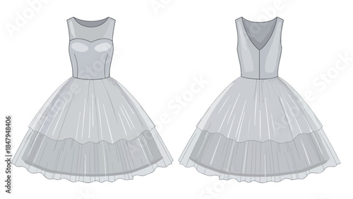 Elegant Gray Tulle Layered Midi Dress Front and Back Views Fashion Illustration