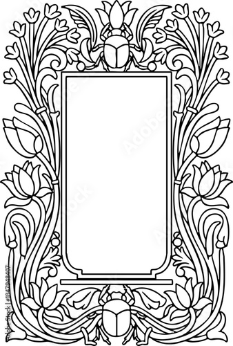 Decorative Line Art Frame with Scarab Beetles and Lotus Flowers