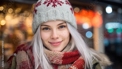 Young woman wearing warm winter accessories smiles warmly against a backdrop of bright city lights