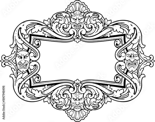 Ornate Vintage Frame Graphic with Grotesque Masks and Scrollwork