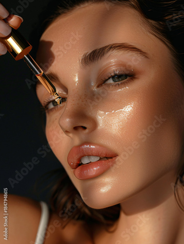 Elegant woman applying facial serum with dropper, luxury skincare concept, dark soft background, cinematic lighting, glossy healthy skin, premium beauty advertising style
