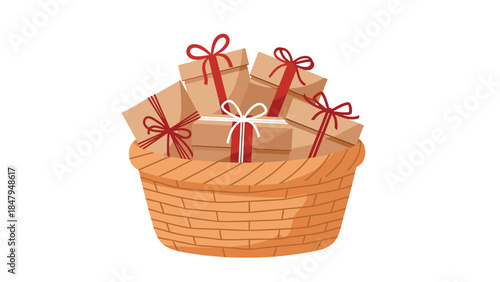 A woven basket overflows with beautifully wrapped gifts tied with vibrant red ribbons, suggesting celebration and generosity.