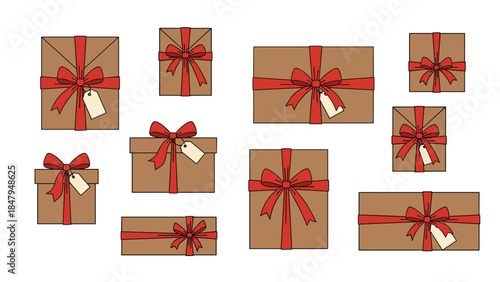 Assorted gift boxes with red ribbons and tags are arranged on a white background, perfect for holiday celebrations.