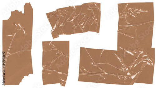 Various pieces of brown adhesive tape with a slightly translucent texture, shown from a top-down perspective on a white background