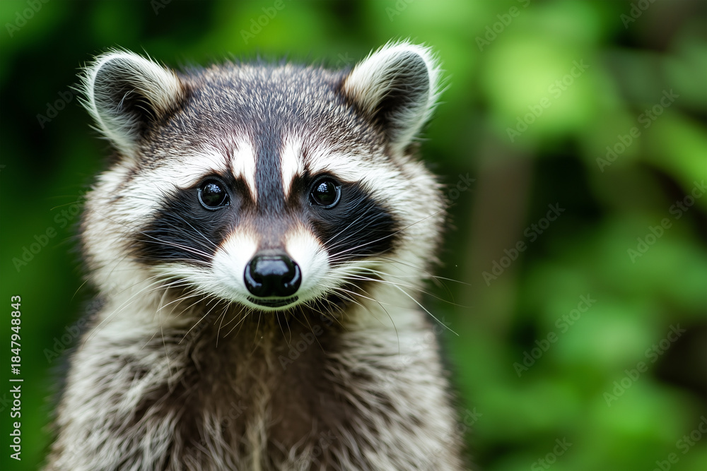 Fototapeta premium Charming raccoon exploring a lush green forest during daylight
