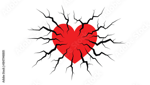 A vibrant red heart is dramatically fractured with jagged black cracks, symbolizing heartbreak and emotional distress.