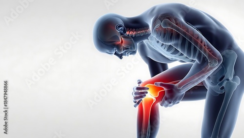 Transparent Human Figure with Radiographic View of Inflamed Knee Joint, Blue Clinical Visualization