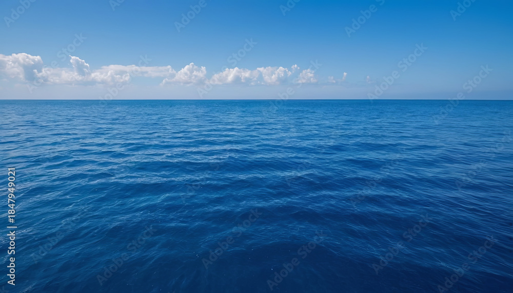 Fototapeta premium Waves roll gently across the calm ocean under a clear blue sky with a few clouds on a sunny day near the shore