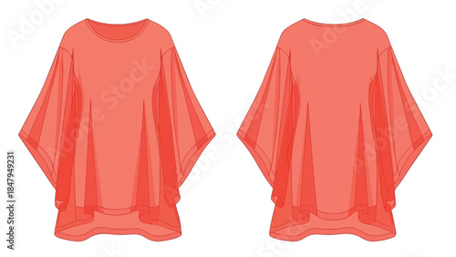 Elegant coral colored flowy blouse with wide sleeves presented front and back views on white background