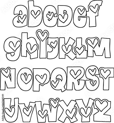 Hand Drawn Bubbly Alphabet Set with Hearts, Cute A-Z Letter Collection for Kids and Valentine.