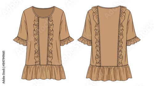 Fashion illustration front and back view of a stylish beige ruffled dress with short sleeves and hem detail
