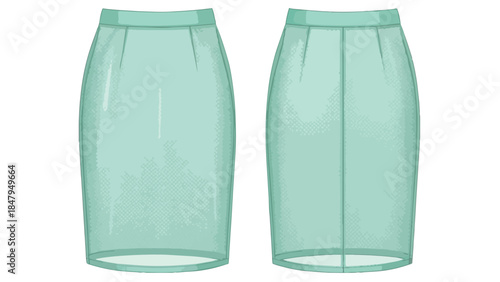 A pair of elegant, minimalist mint green pencil skirts shown from front and back views against a pure white backdrop