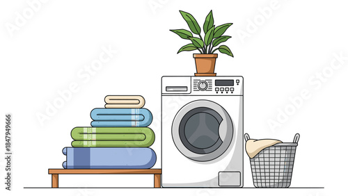 A modern laundry room features a stacked pile of colorful towels next to a white washing machine and a potted plant.