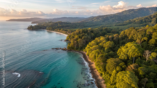Ocean meets forest along a quiet coastline during sunset