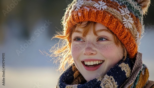 Young female child smiles brightly while wearing warm winter knitwear outdoors during daylight