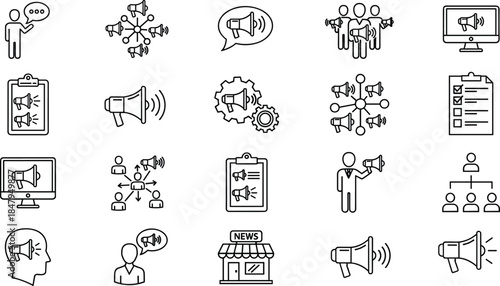 Communication marketing icons set, announcement megaphone symbols, media broadcast illustration, information sharing concepts, public relations graphics, promotion outline collection design